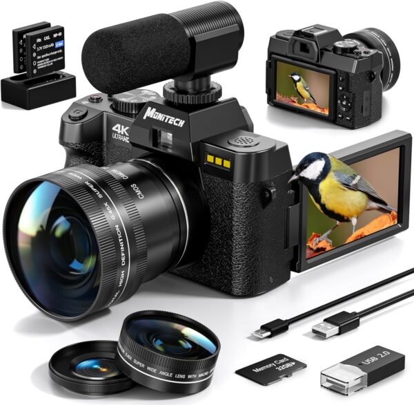 Mo 4K Digital Cameras for Photography, 48 MP Vlogging Camera for YouTube with 180° Flip Screen,16X Digital Zoom,Flash & Autofocus,52mm Wide Angle & Macro Lens,2 Batteries,32GB SD Card(S100,Black)